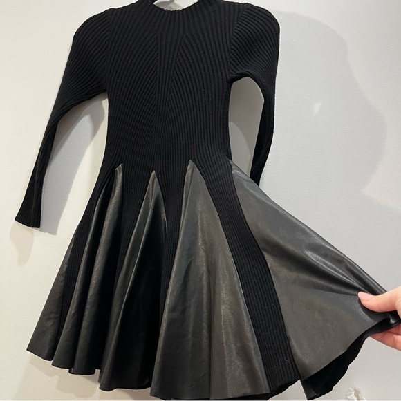 Black Mock Neck Rib Knit Stretch Long Sleeve A Line Faux Leather Mini Dress - Picture 6 of 7